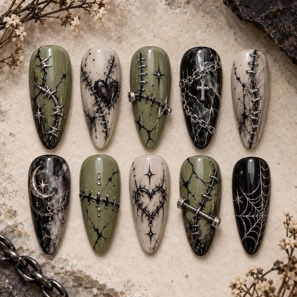 Gothic Stitched Heart & Chain Press On Nails — image 2