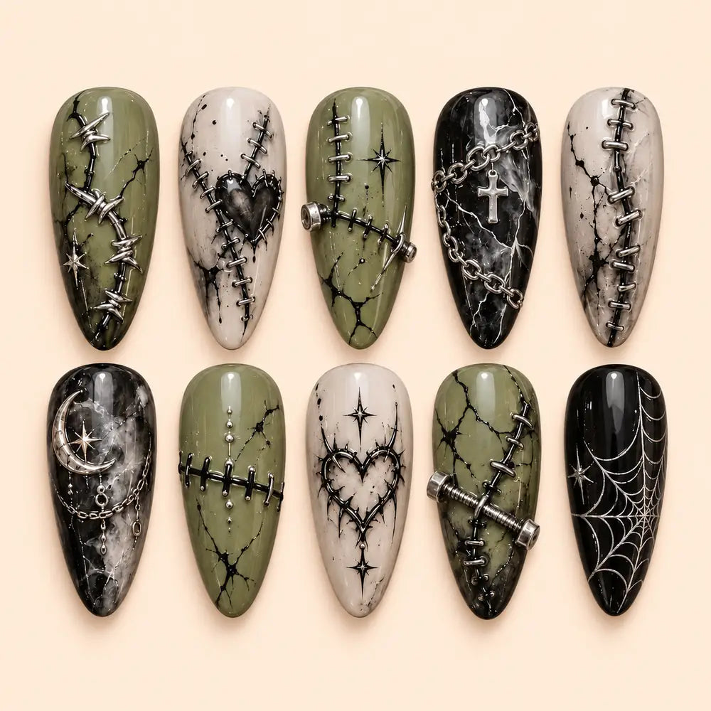 Gothic Stitched Heart & Chain Press On Nails — image 1