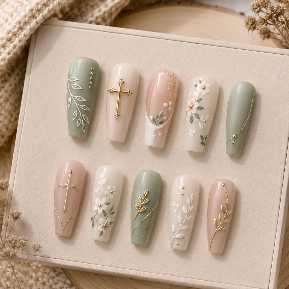 Graceful Gold Cross Botanical Press On Nails — image 2
