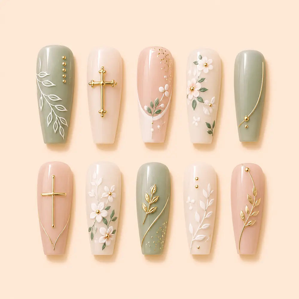 Graceful Gold Cross Botanical Press On Nails — image 1