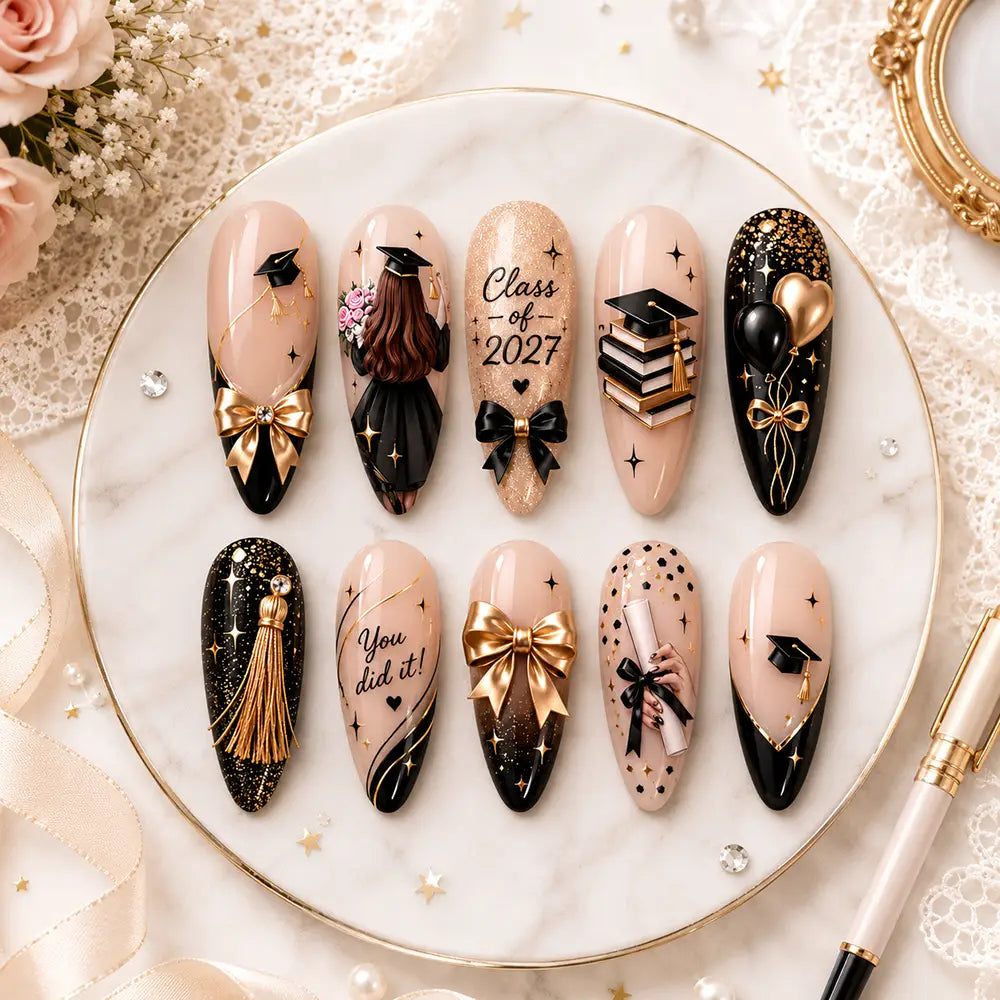 Graduation Celebration Cap & Diploma 3D Bow Press On Nails