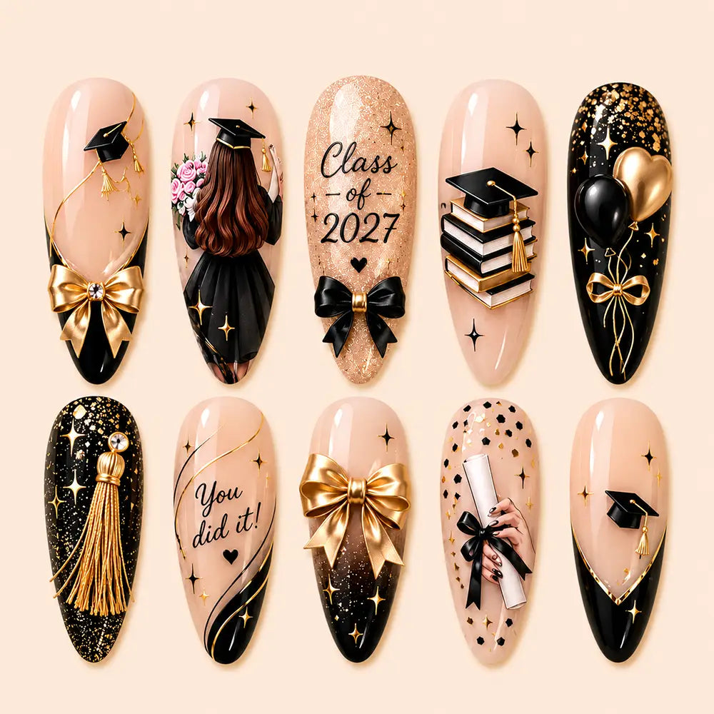 Graduation Celebration Cap & Diploma 3D Bow Press On Nails