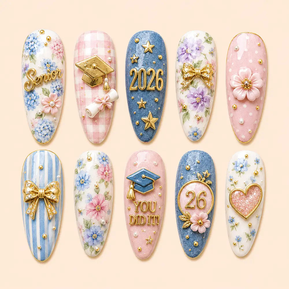 Graduation Celebration Floral 3D Press On Nails
