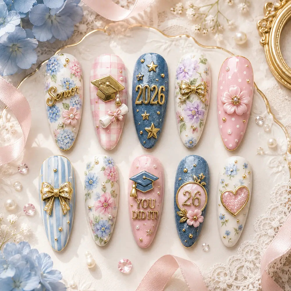 Graduation Celebration Floral 3D Press On Nails