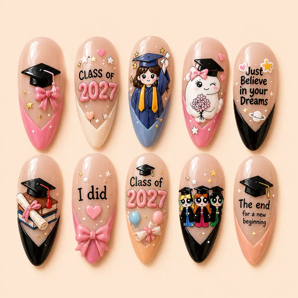 Graduation Cute Class of 2027 Character 3D Bow Press On Nails