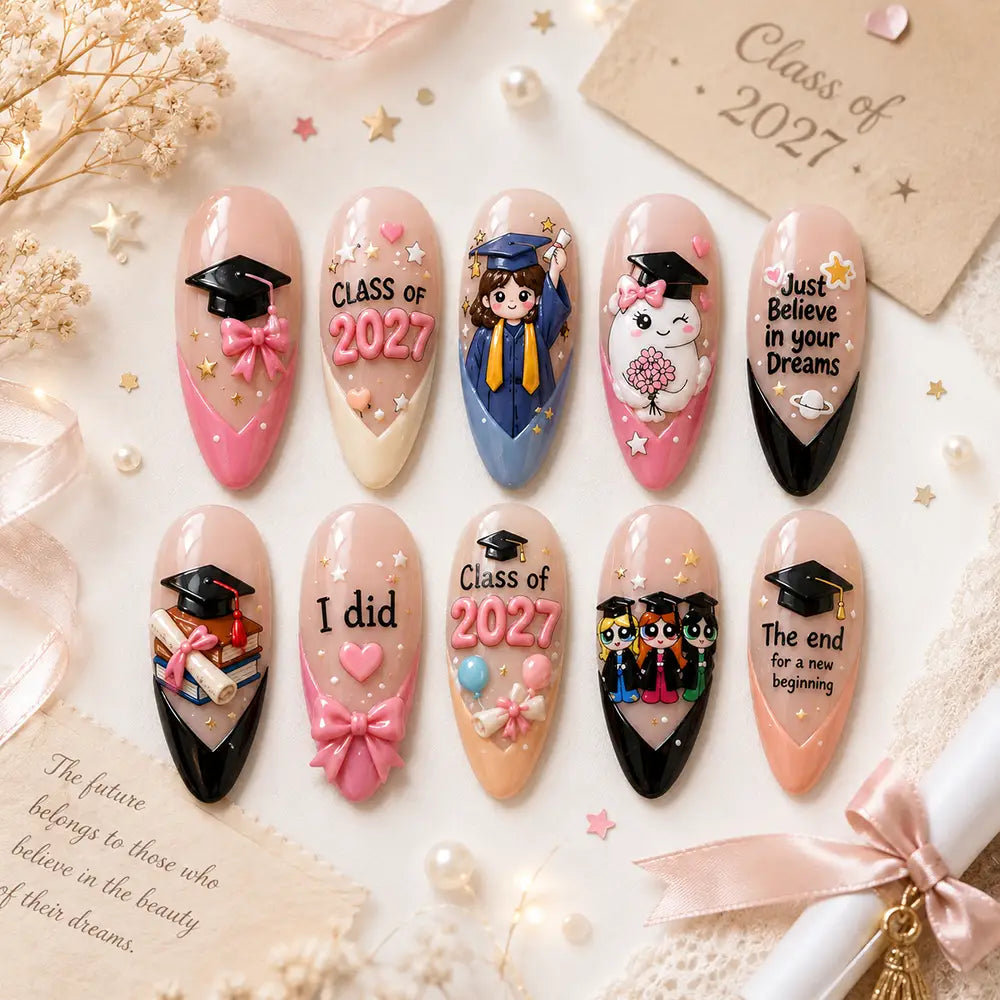 Graduation Cute Class of 2027 Character 3D Bow Press On Nails