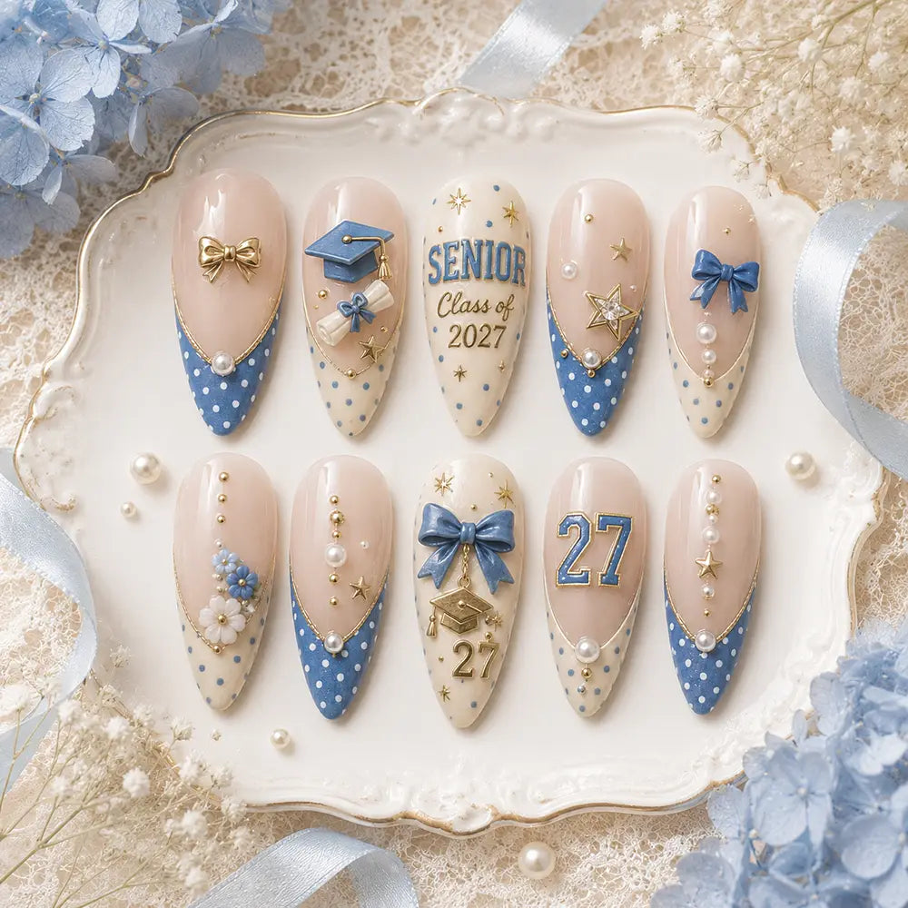 Graduation French Tip Bow 3D Press On Nails