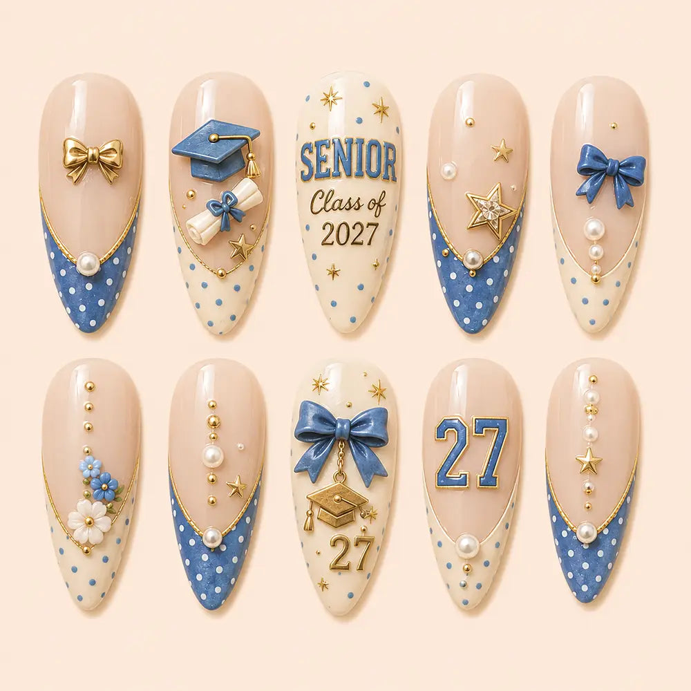 Graduation French Tip Bow 3D Press On Nails