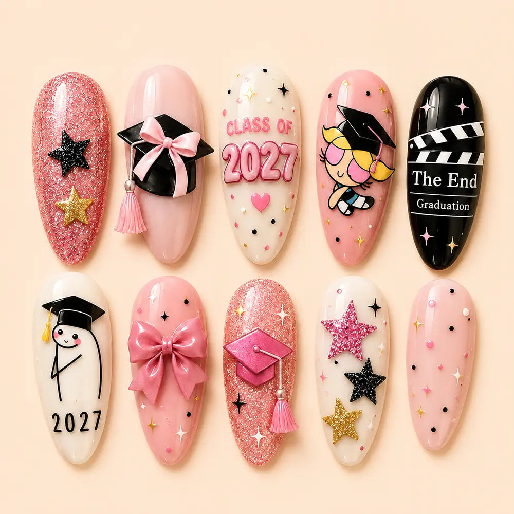 Graduation Girly Class of 2027 3D Bow Press On Nails