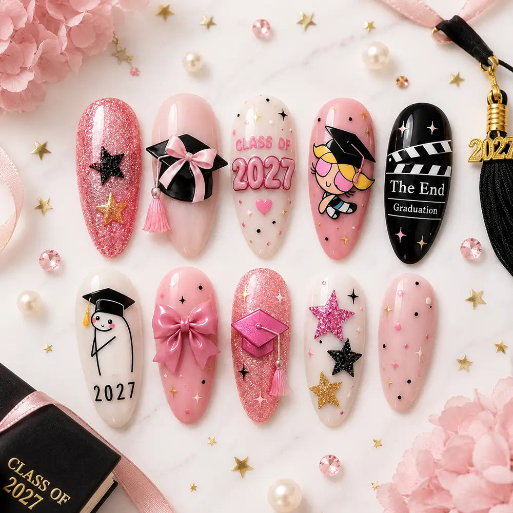 Graduation Girly Class of 2027 3D Bow Press On Nails