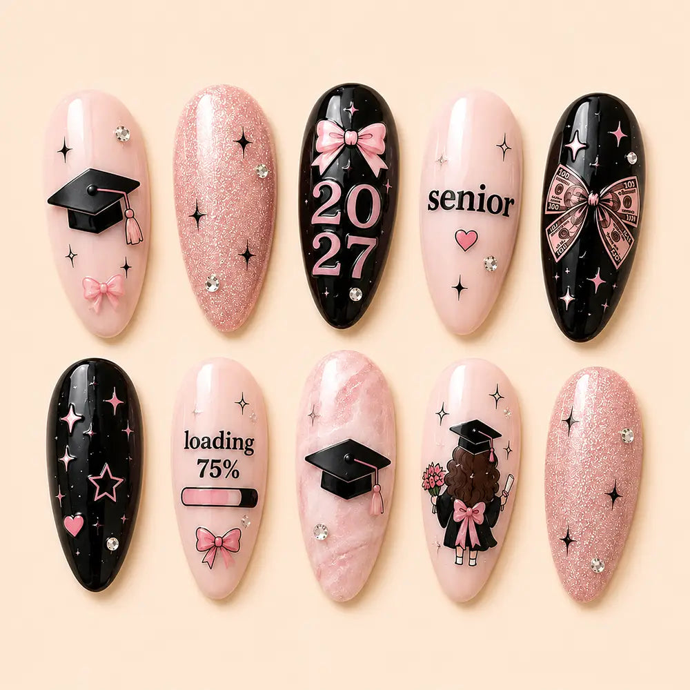 Graduation Senior 2027 Girly Bow Glitter Press On Nails