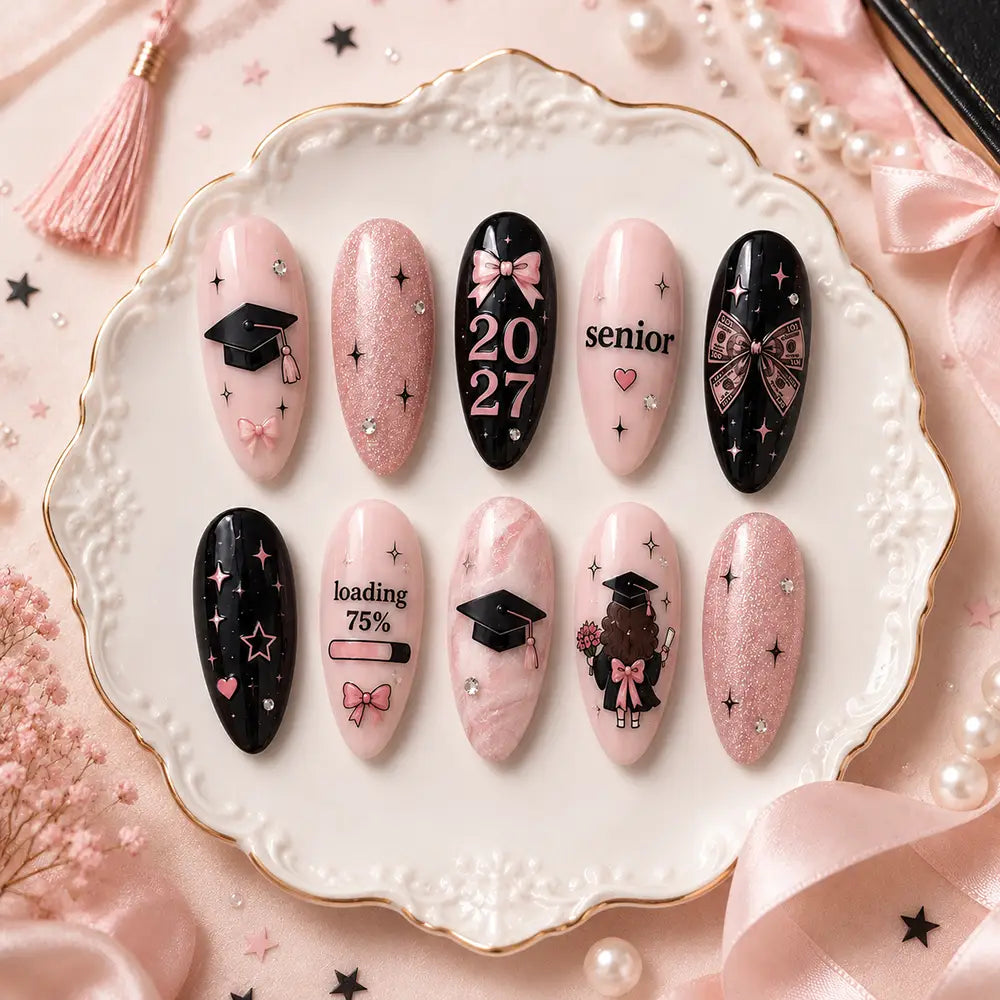 Graduation Senior 2027 Girly Bow Glitter Press On Nails