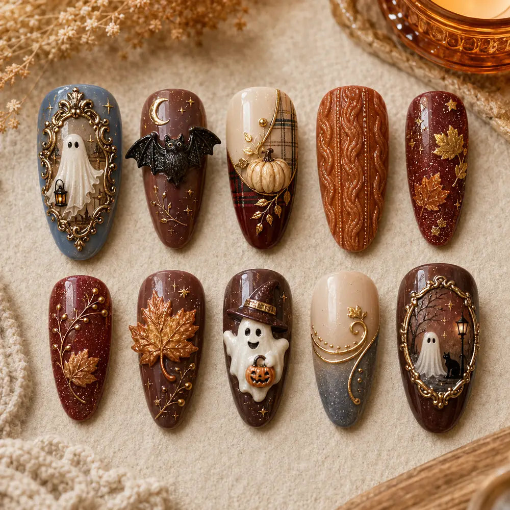 Haunted Autumn Ghost and Bat 3D Press On Nails — image 2