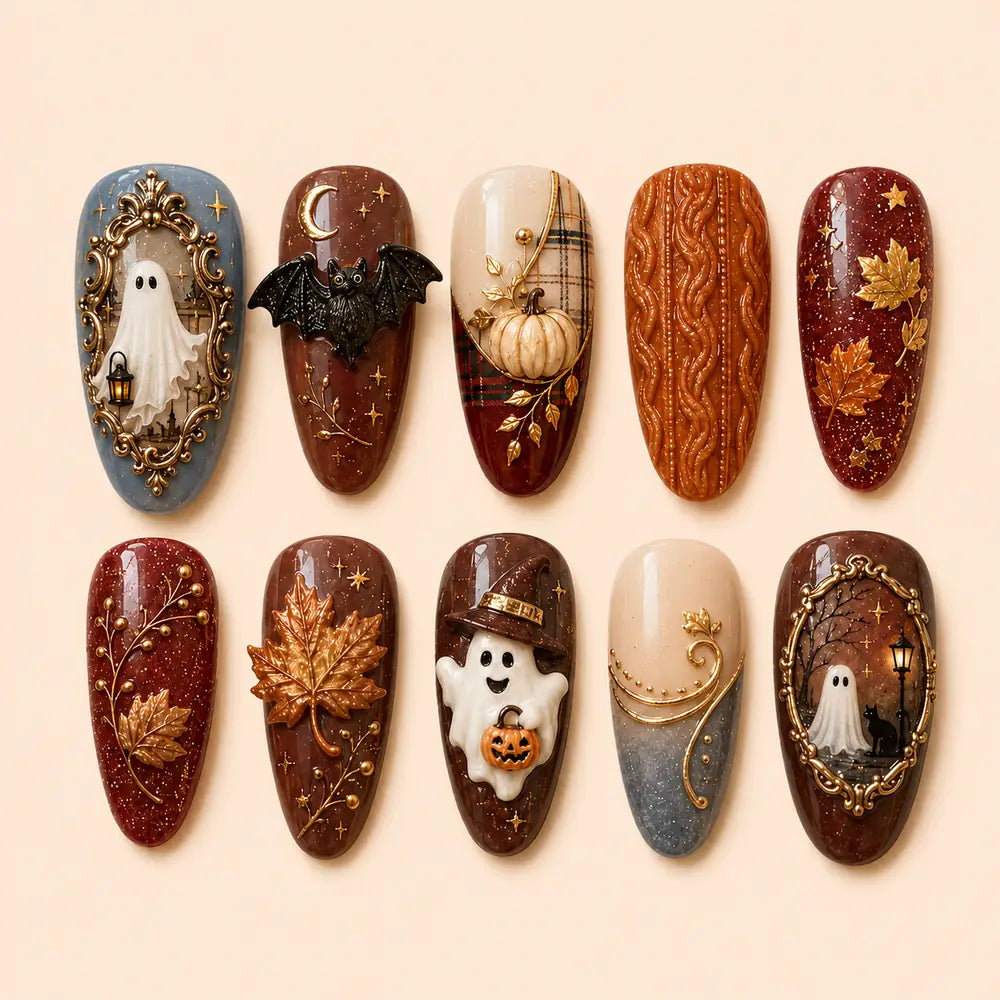 Haunted Autumn Ghost and Bat 3D Press On Nails — image 1