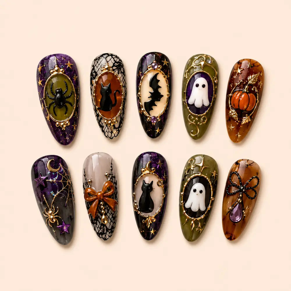 Haunted Cameo Cats and Ghosts 3D Press On Nails — image 1