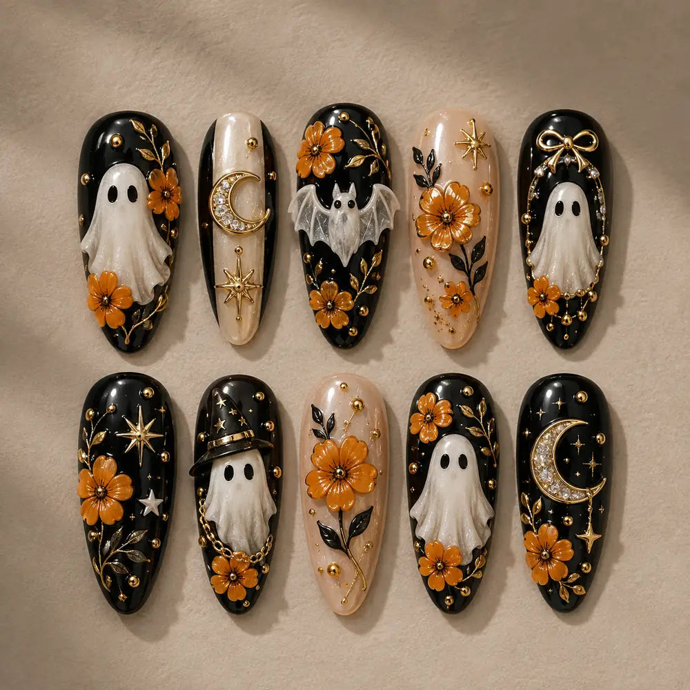 Haunted Garden Ghost & Bat 3D Press On Nails — image 2