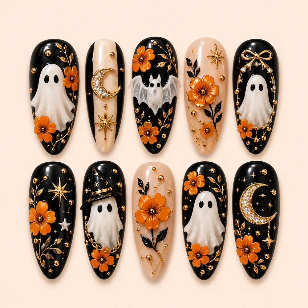Haunted Garden Ghost & Bat 3D Press On Nails — image 1