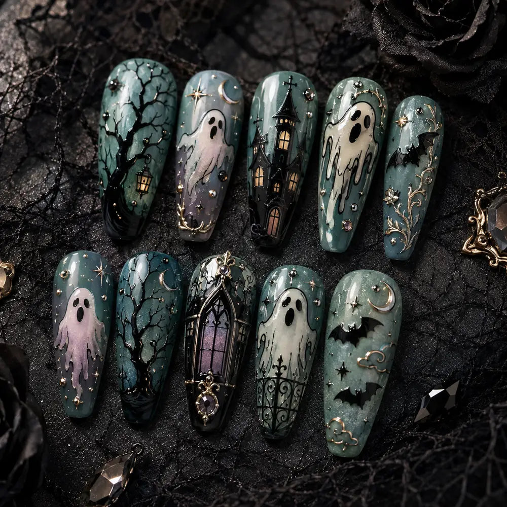 Haunted Manor Ghost & Bat 3D Rhinestone Press On Nails — image 2