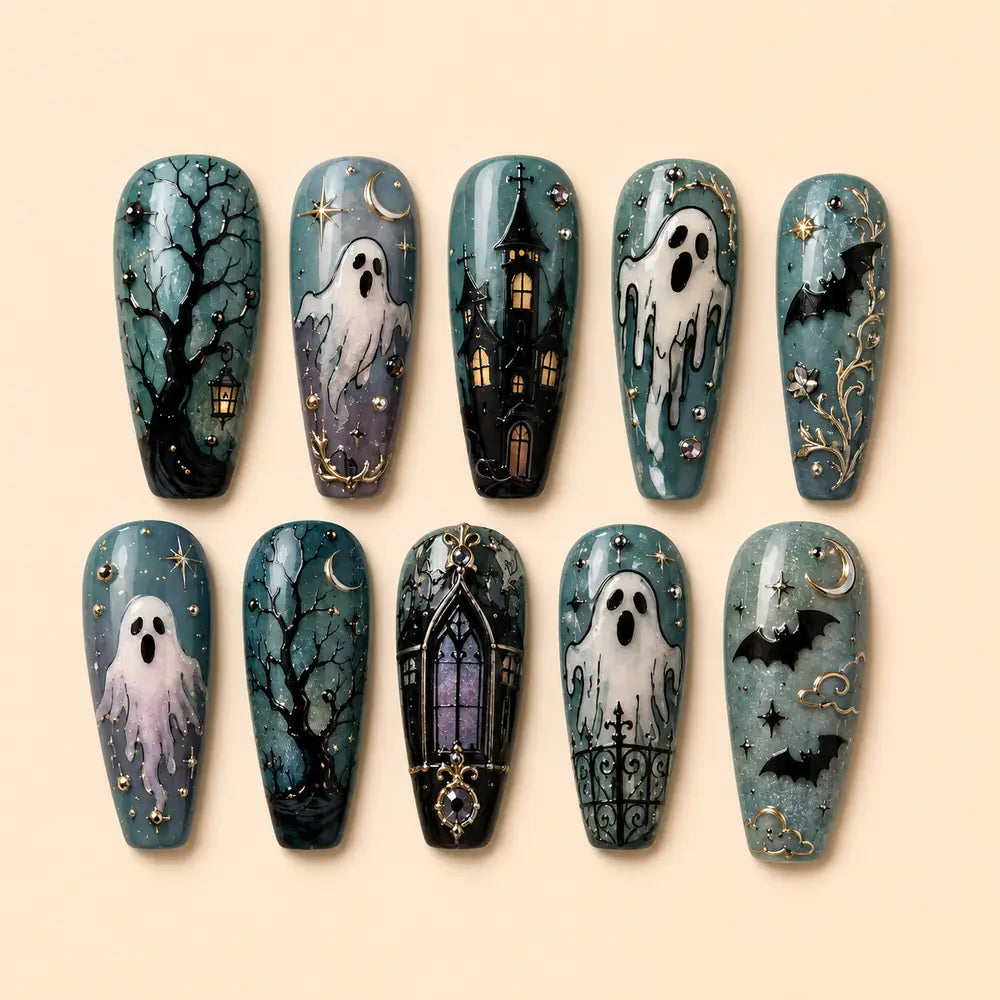 Haunted Manor Ghost & Bat 3D Rhinestone Press On Nails — image 1