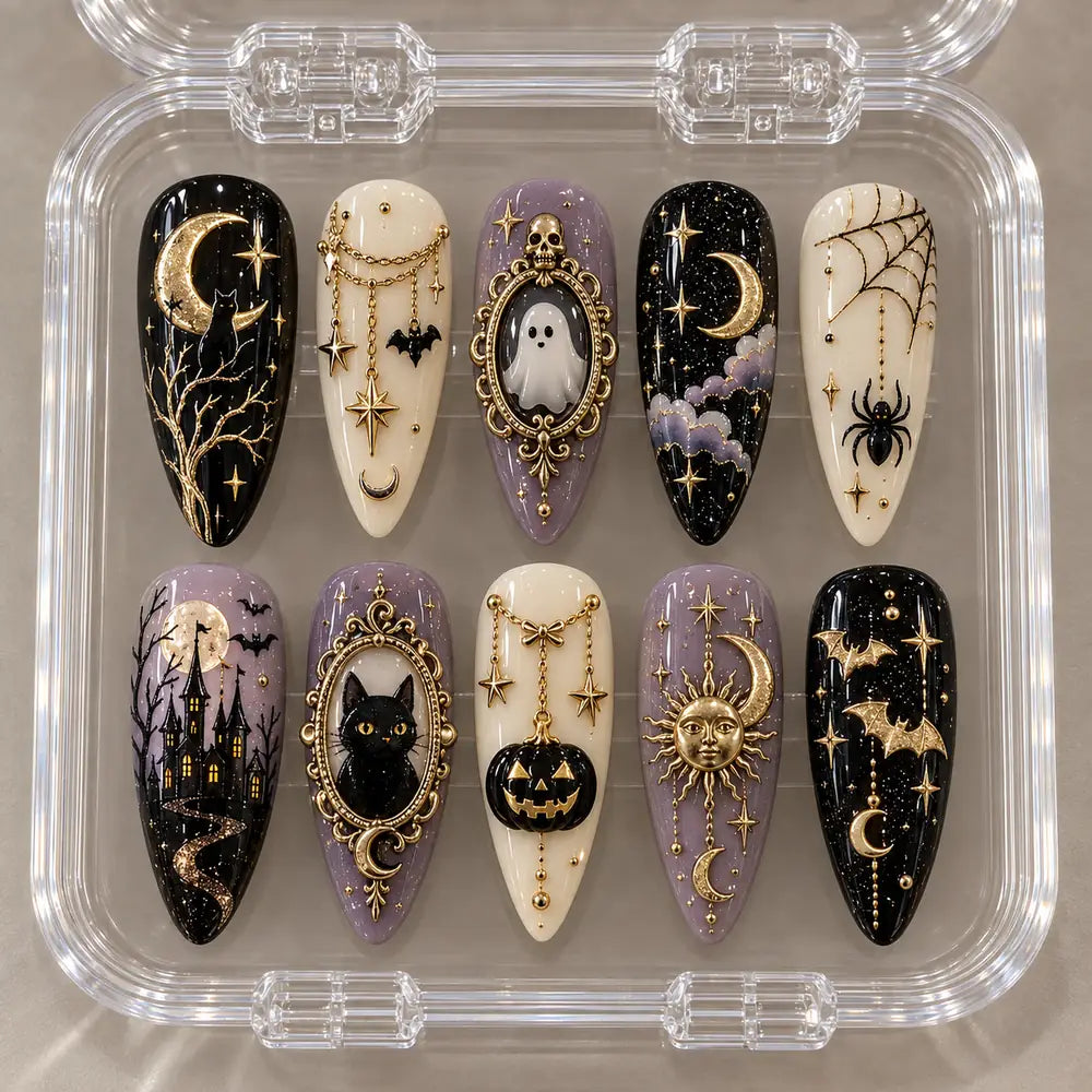 Haunted Moon & Black Cat 3D Halloween Press On Nails — image 2