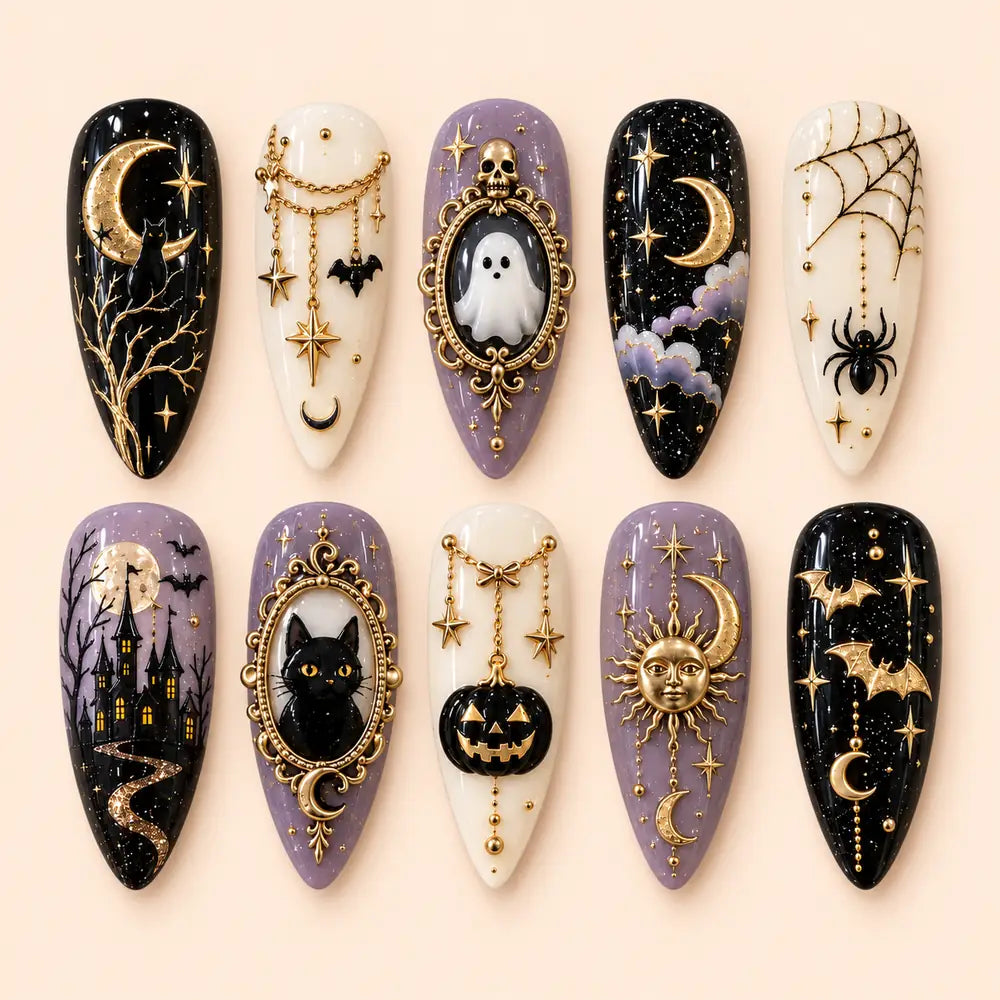 Haunted Moon & Black Cat 3D Halloween Press On Nails — image 1