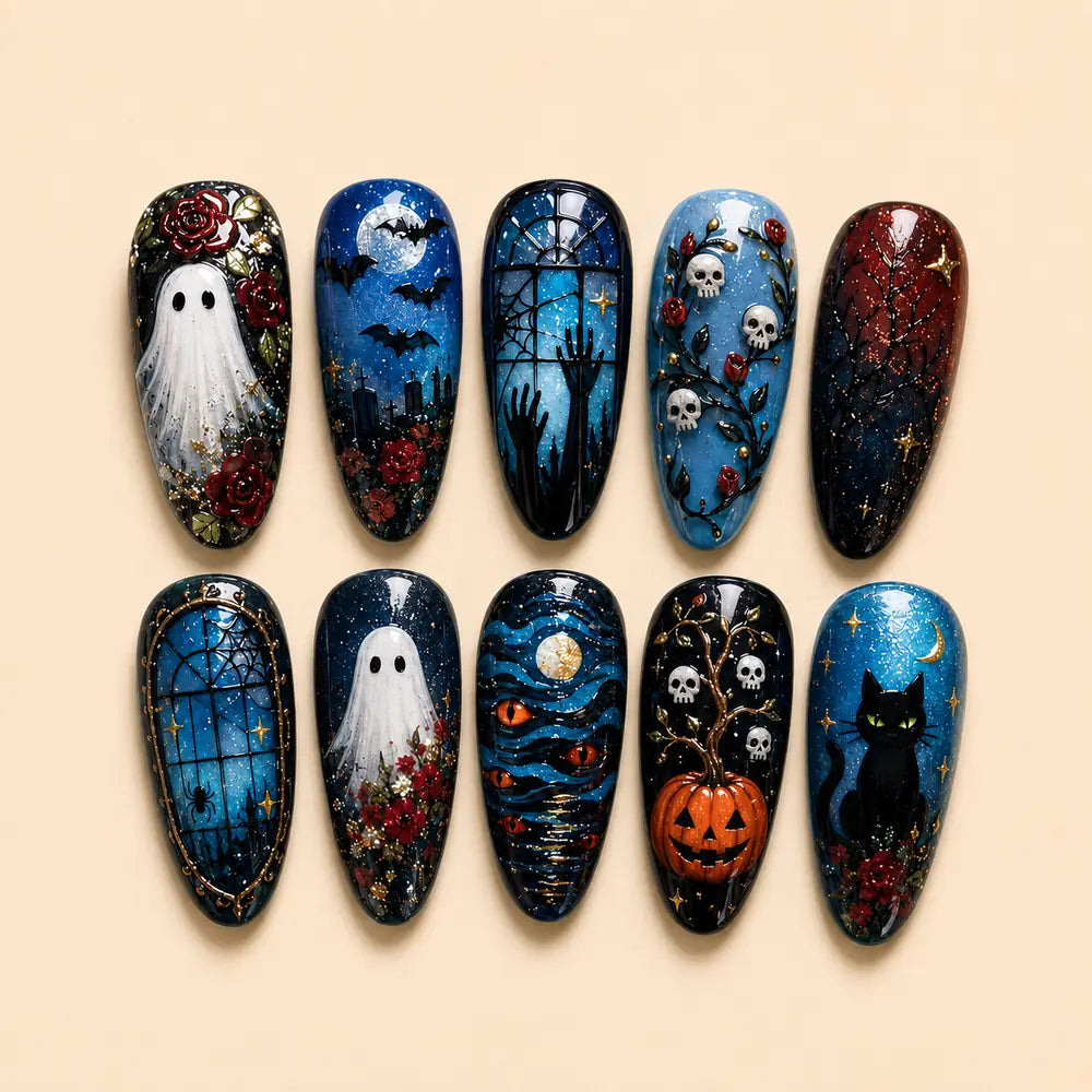 Haunted Moonlight Ghost & Pumpkin Press On Nails — image 1