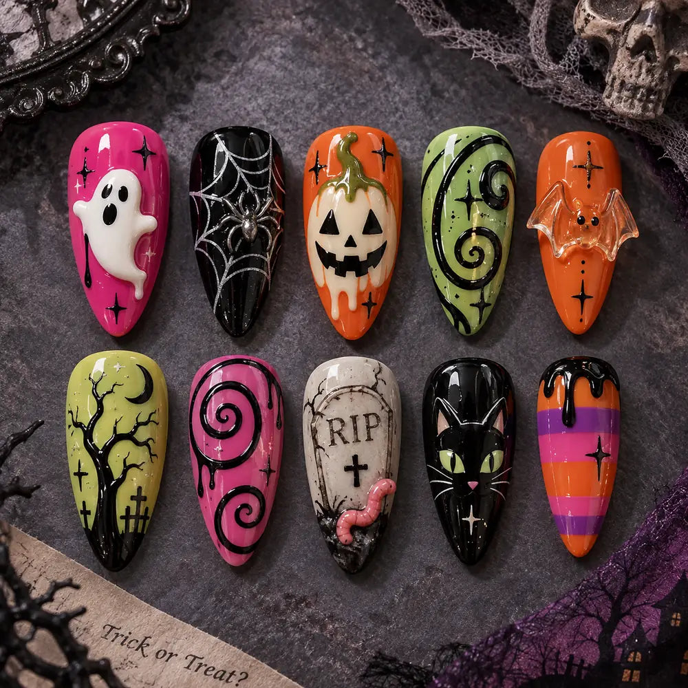 Haunted Neon Icons 3D Halloween Press On Nails — image 2