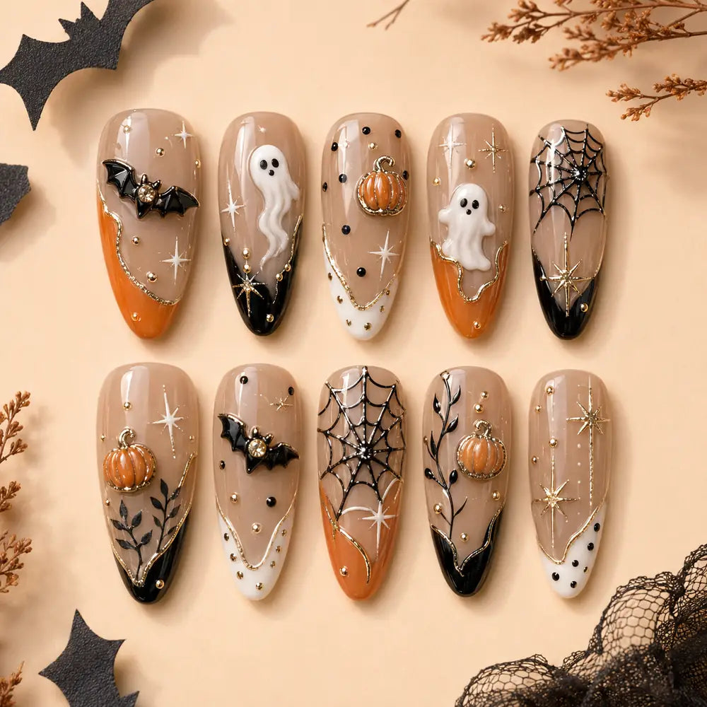 Haunted Pumpkin Ghost 3D French Tip Press On Nails — image 2