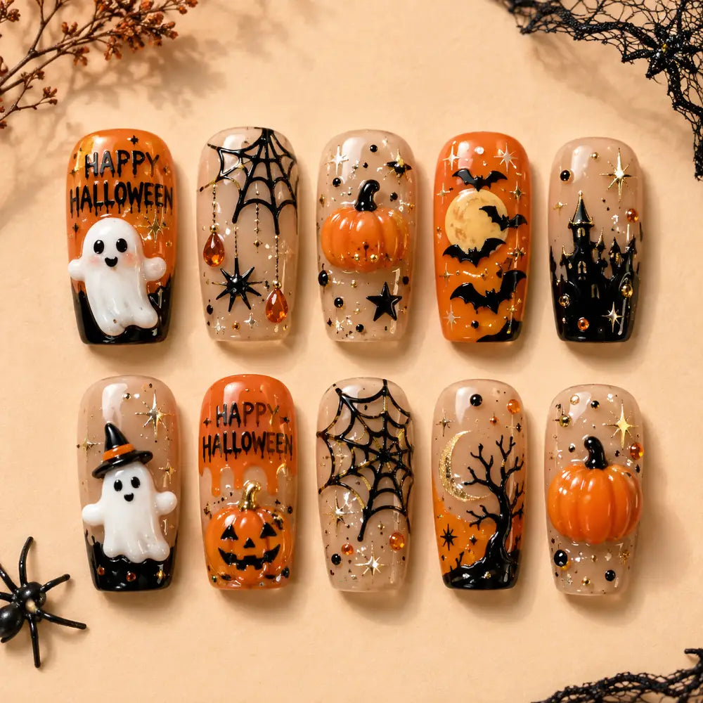 Haunted Pumpkin & Ghost 3D Halloween Press On Nails — image 2