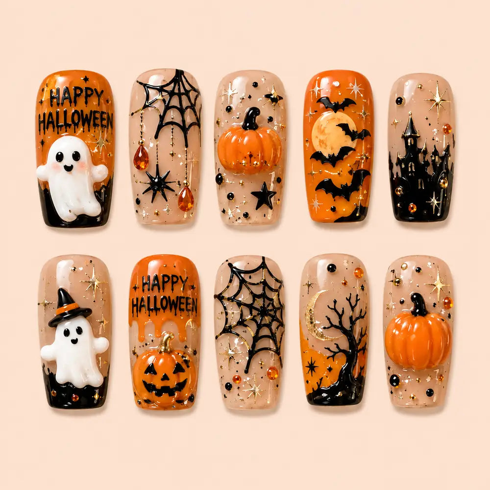 Haunted Pumpkin & Ghost 3D Halloween Press On Nails — image 1