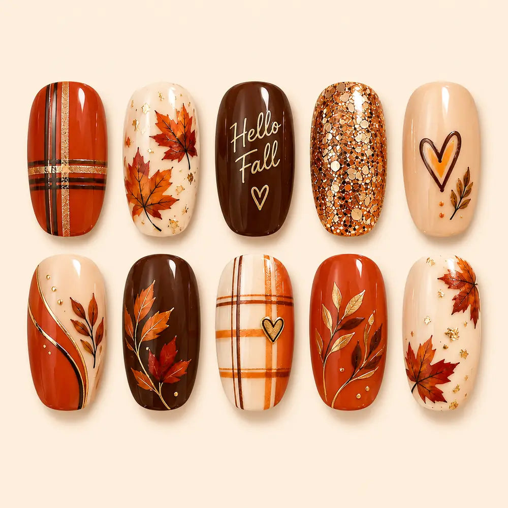 Hello Fall Maple Plaid Glitter Press On Nails — image 1