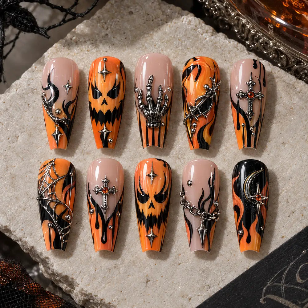 Inferno Jack-O'-Lantern 3D Coffin Press On Nails — image 2
