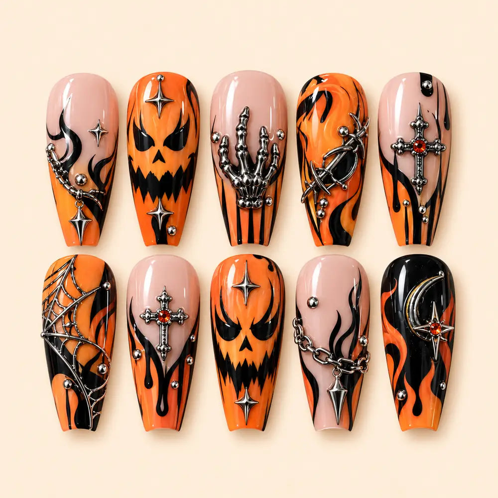 Inferno Jack-O'-Lantern 3D Coffin Press On Nails — image 1