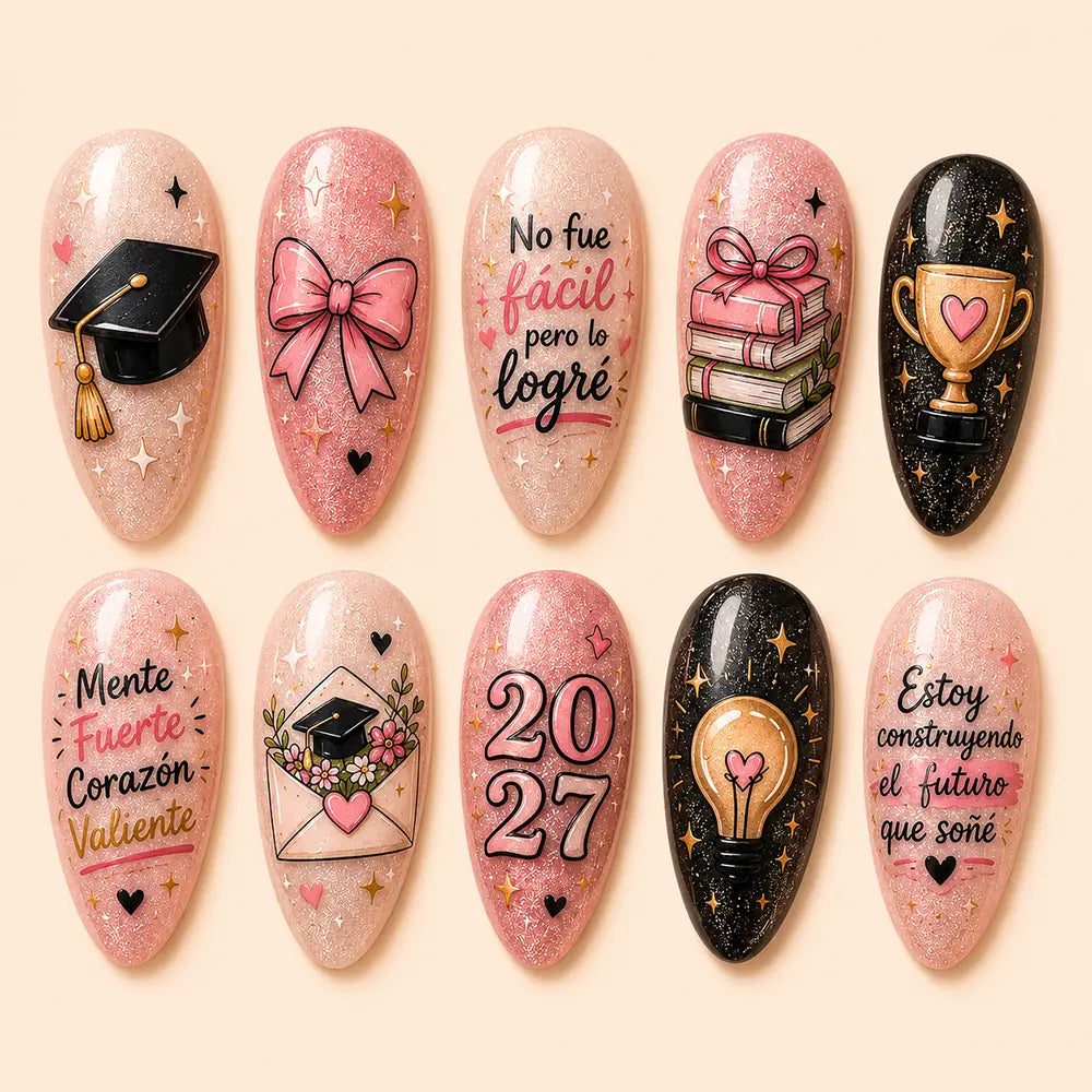 Inspirational Quotes & Academic Icons Glitter Press On Nails