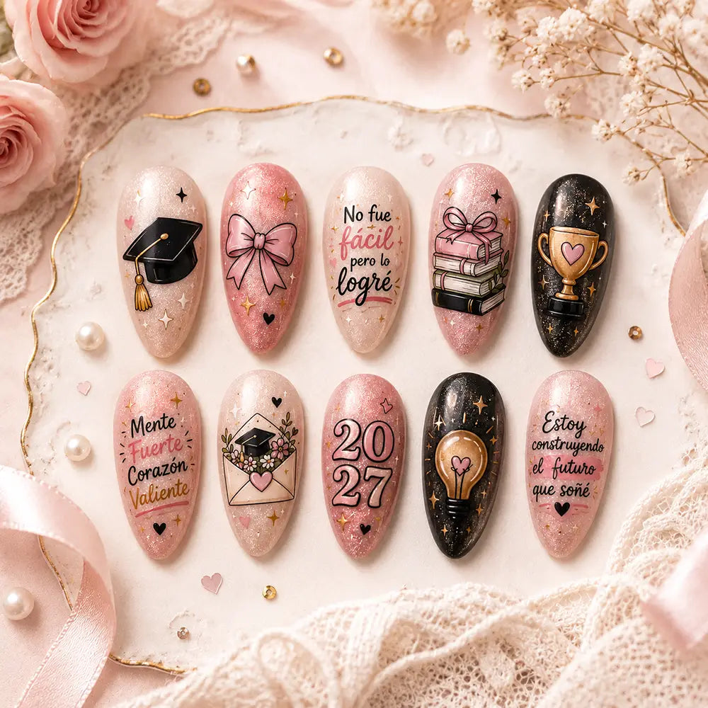 Inspirational Quotes & Academic Icons Glitter Press On Nails