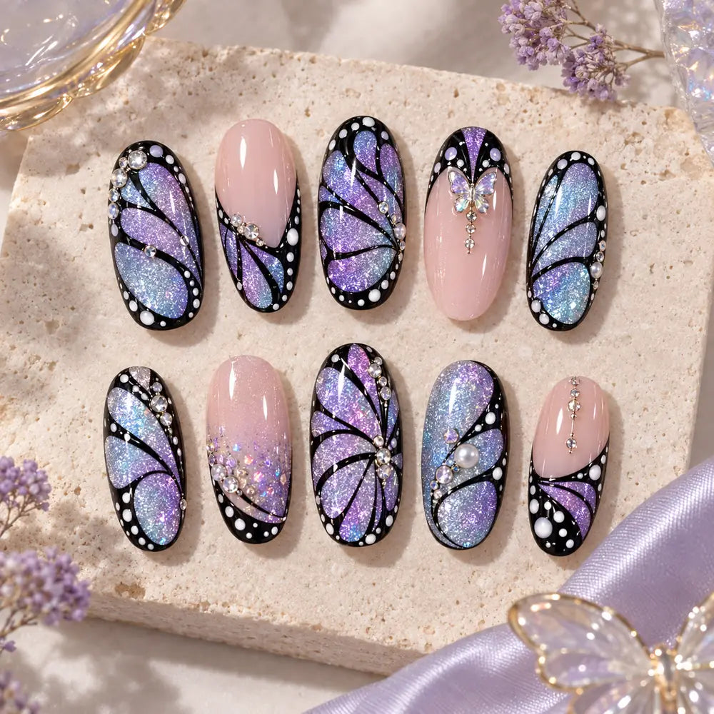 Iridescent Butterfly Mosaic Rhinestone Press On Nails — image 2