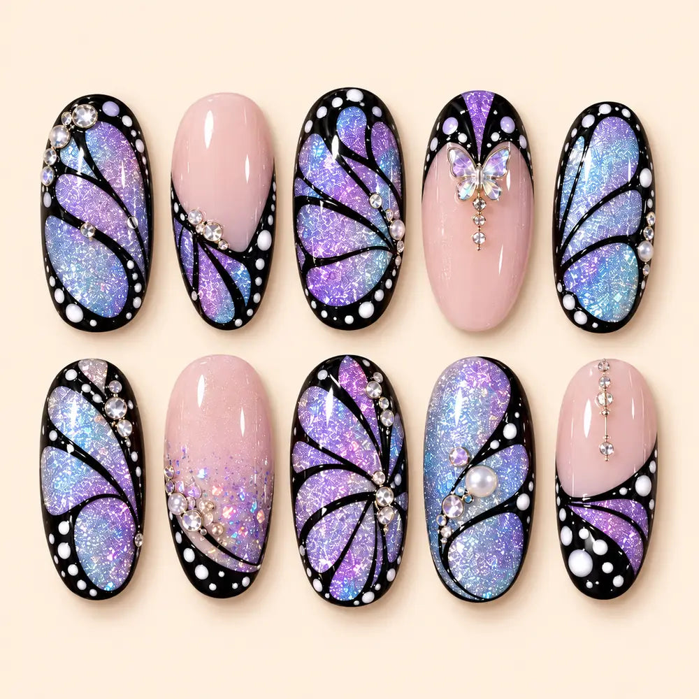 Iridescent Butterfly Mosaic Rhinestone Press On Nails — image 1