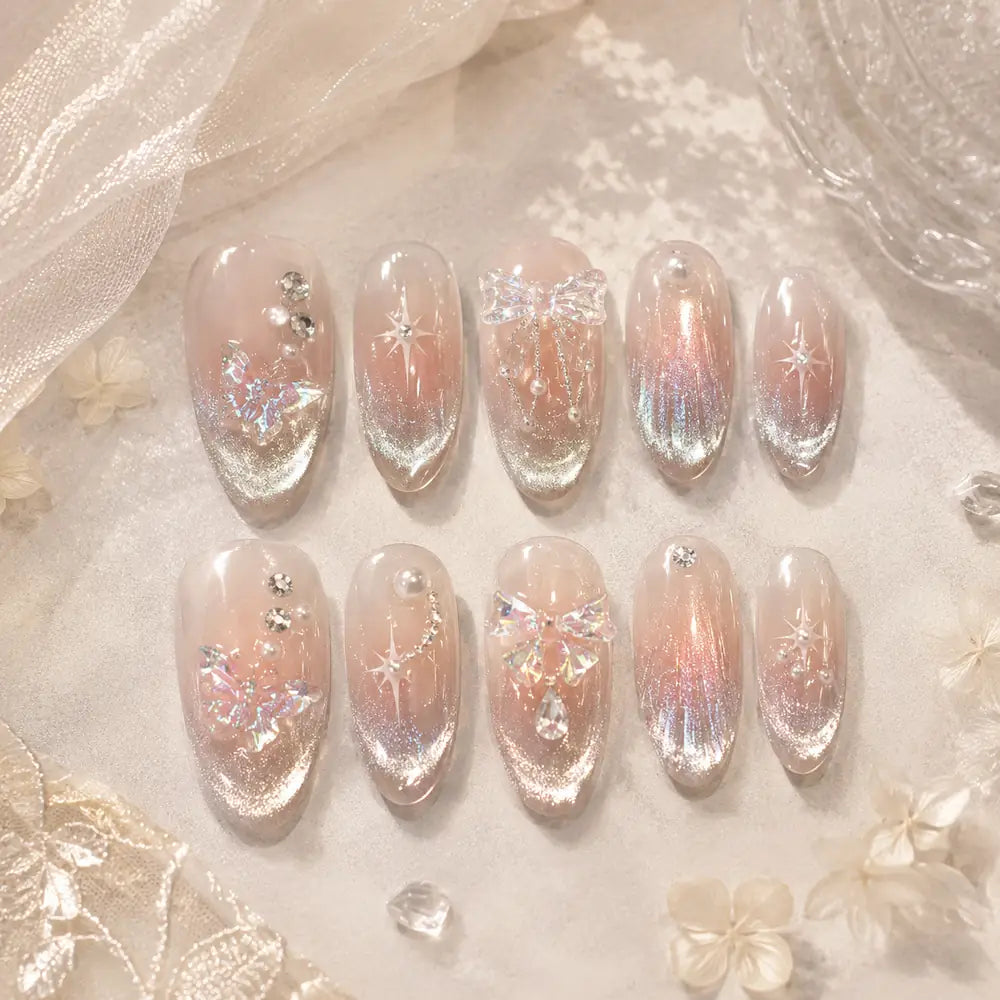 Iridescent Crystal Bow & Butterfly Coquette Press On Nails — image 2