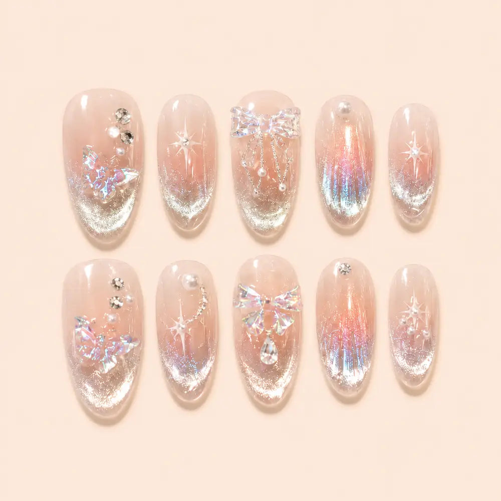 Iridescent Crystal Bow & Butterfly Coquette Press On Nails — image 1