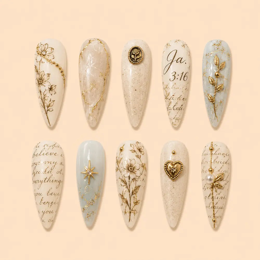 John 3:16 Botanical Gold 3D Press On Nails — image 1