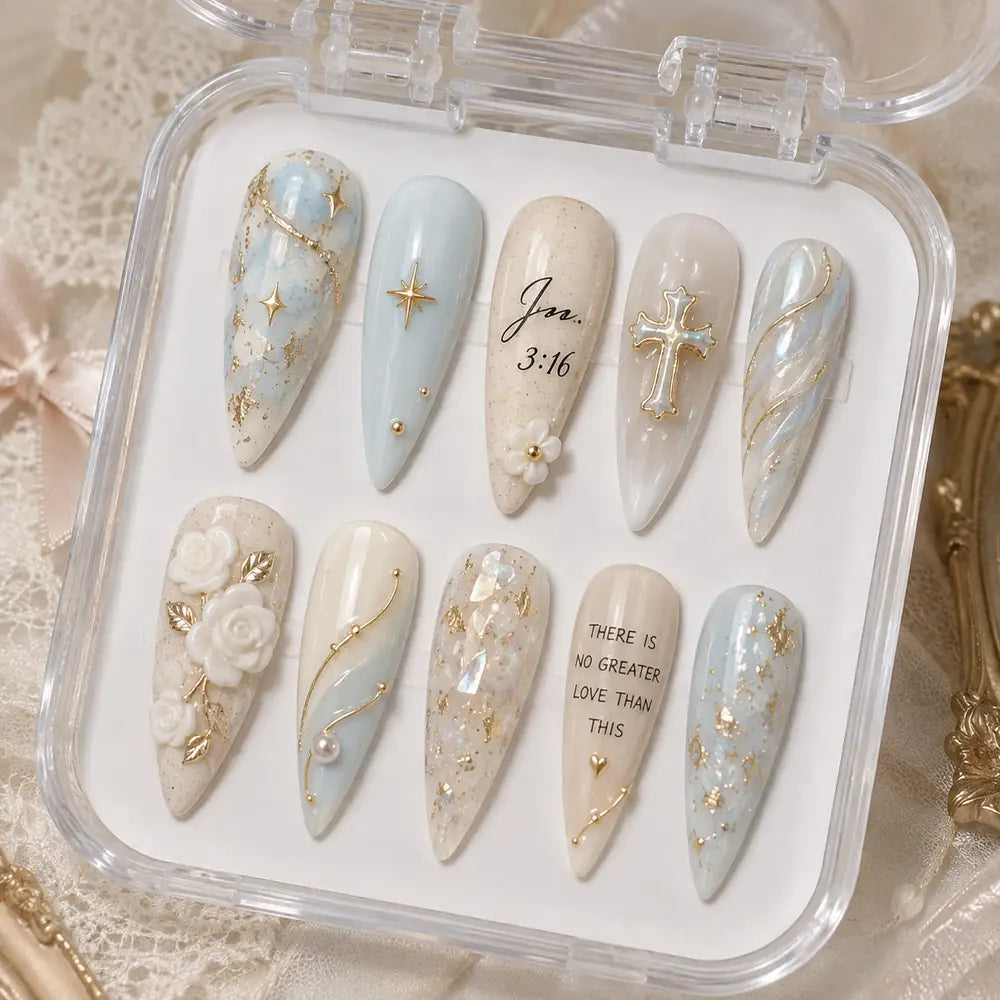 John 3:16 Floral Cross Marble Press On Nails — image 2
