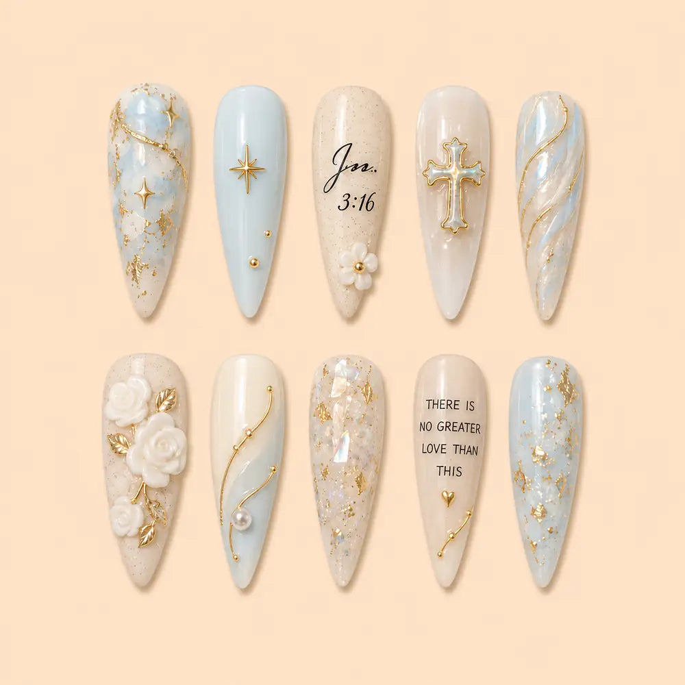 John 3:16 Floral Cross Marble Press On Nails — image 1