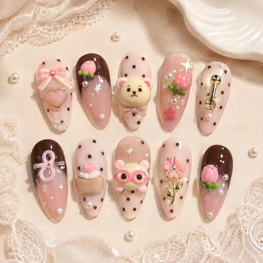 Kawaii Bear and Rose Garden 3D Press On Nails — image 2