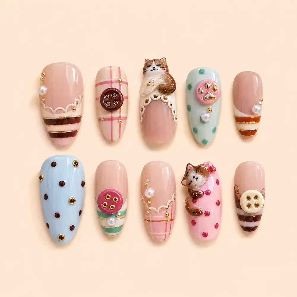 Kawaii Cat and Button 3D Press On Nails — image 1