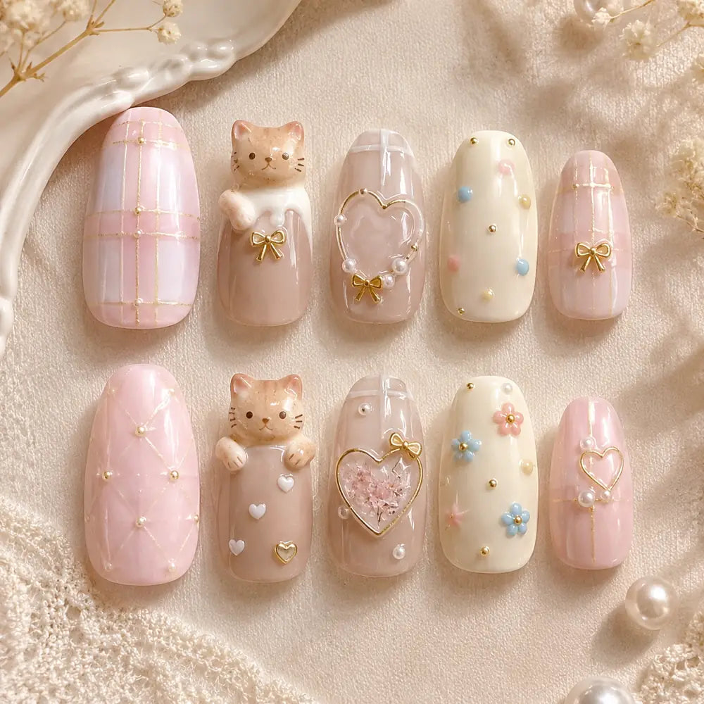 Kawaii Cat Bow & Heart 3D Press On Nails — image 2