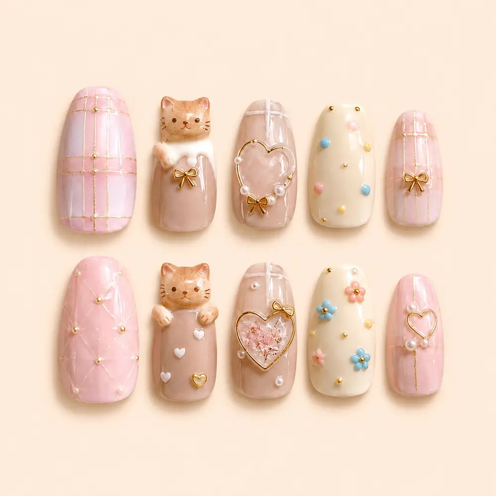 Kawaii Cat Bow & Heart 3D Press On Nails — image 1