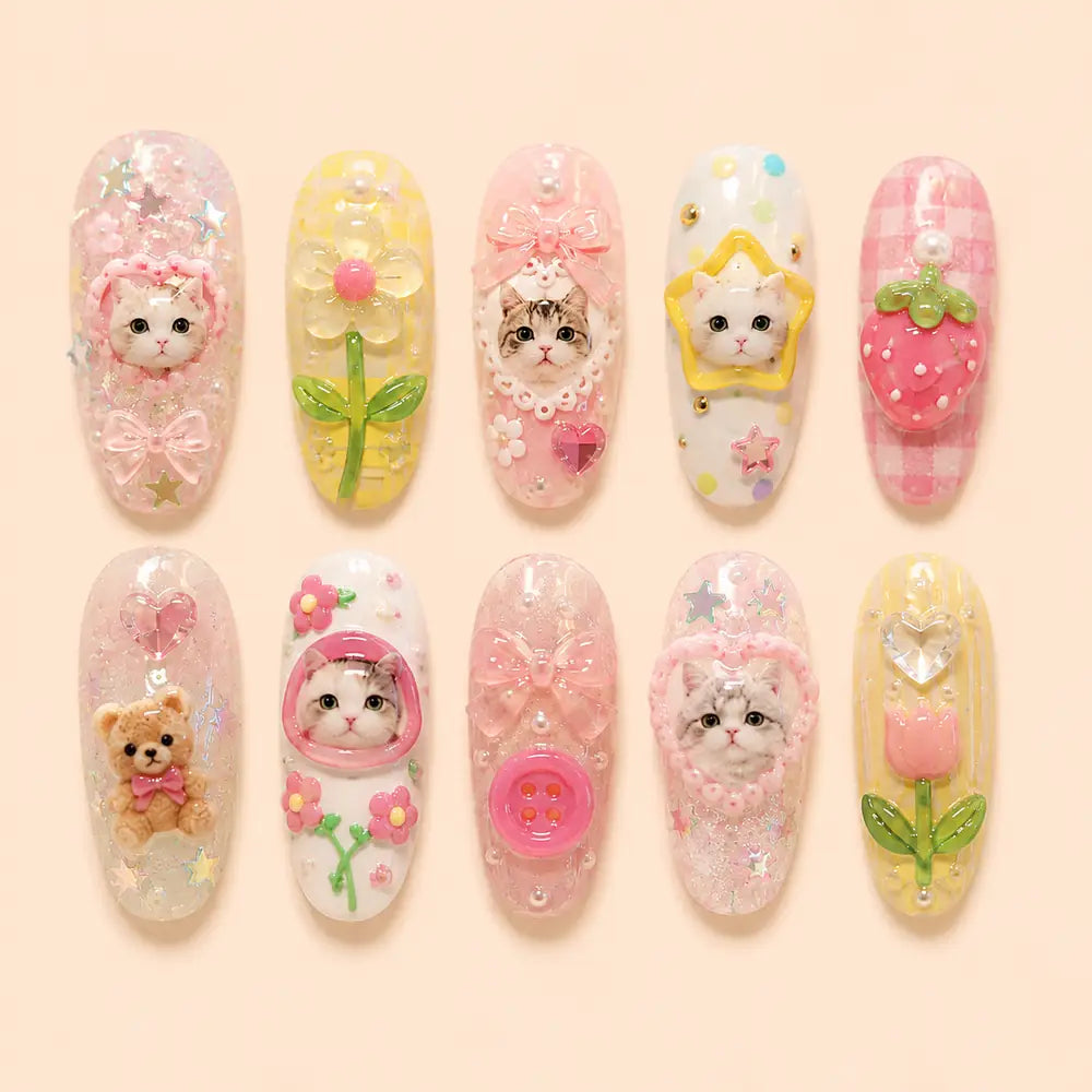 Kawaii Cat Garden 3D Press On Nails — image 1