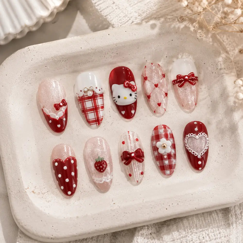 Kawaii Kitty Strawberry Gingham Heart Press On Nails — image 2