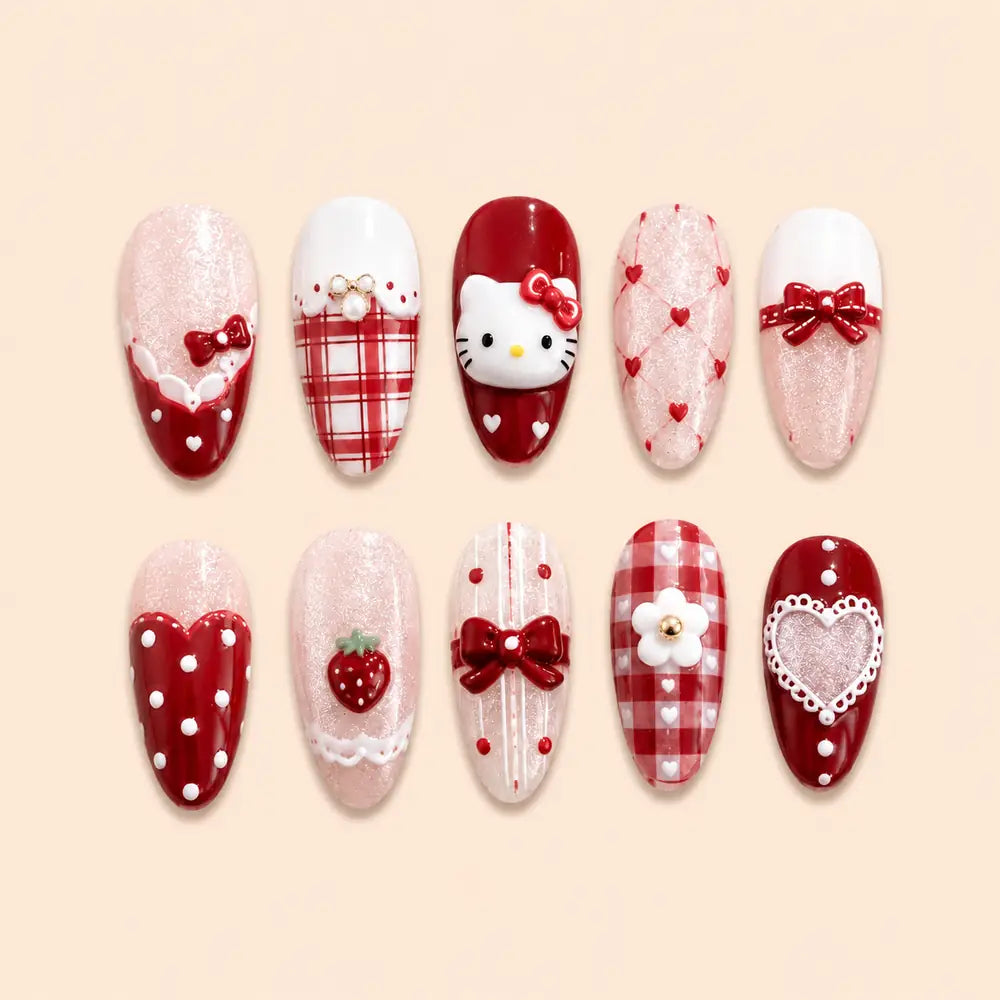 Kawaii Kitty Strawberry Gingham Heart Press On Nails — image 1