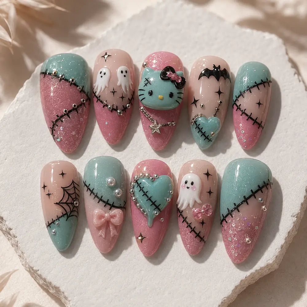 Kawaii Stitched Ghost Halloween Glitter 3D Press On Nails — image 2